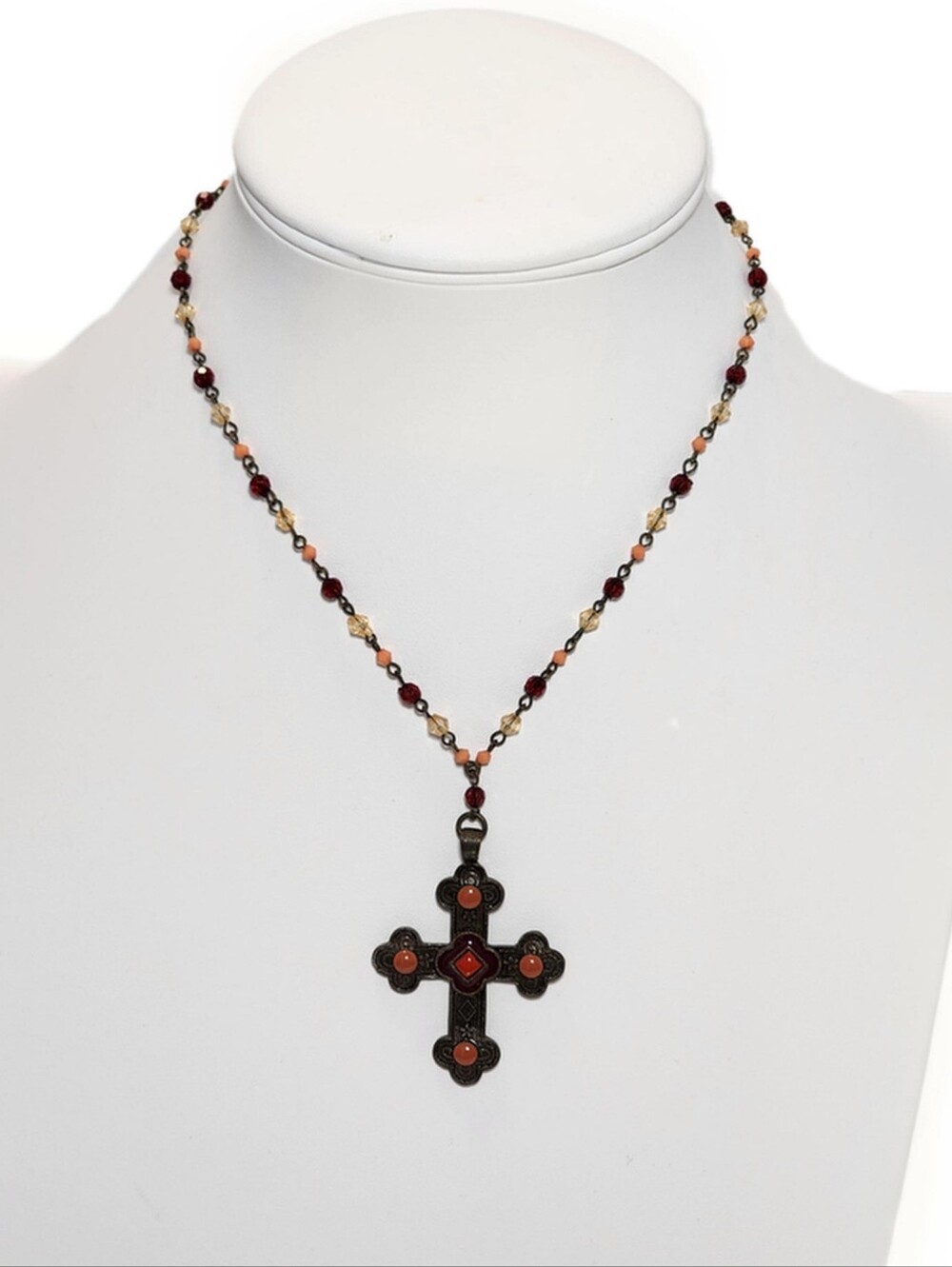 Vintage Brass Cross Baked Enamel Beaded Chain Necklace